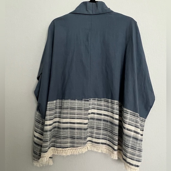 Umgee Boho Blue Kimono Wide Stripe Bottom Natural Fringe Trim Lapel Cardigan M/L - Picture 7 of 8